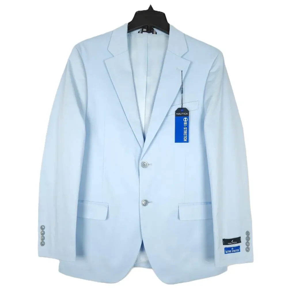 Nautica Mens Modern Fit 2 Piece Suit 40S 34x32 Light Blue Solid Stretch Cotton